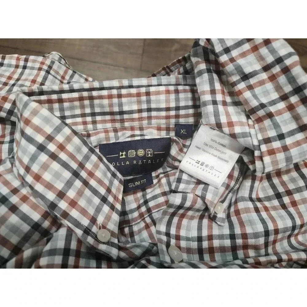 Collar Tales Mens Button Down Shirt size XL Slim Fit Plaid Brown Black Gray Whit - Picture 4 of 5